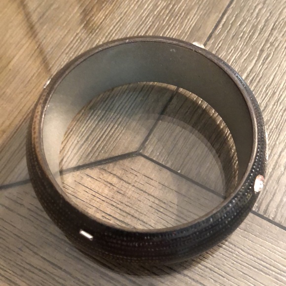 Vintage Black Textured Acrylic Bangle with Cut Glass Rhinestones 9”, approx - Picture 4 of 15